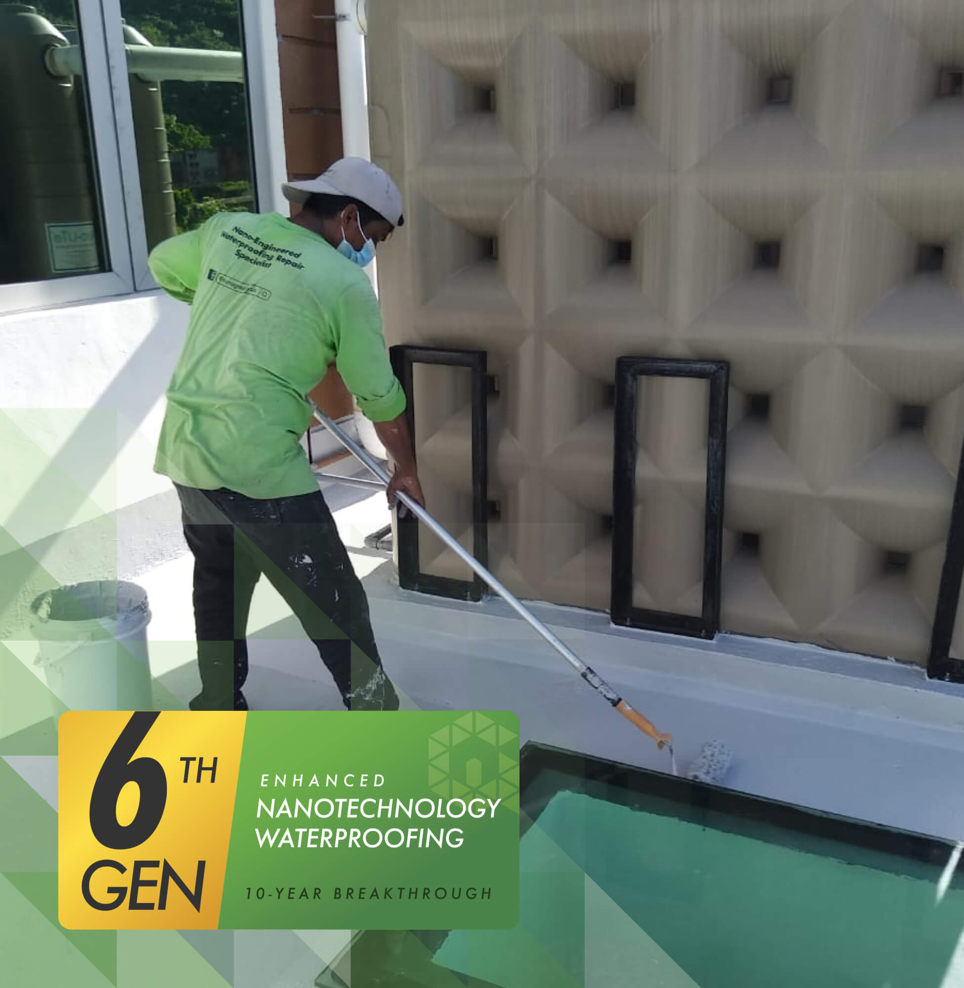 Workers paint the floor before apply Nano-G hospital-grade waterproofing solution on a building rooftop.