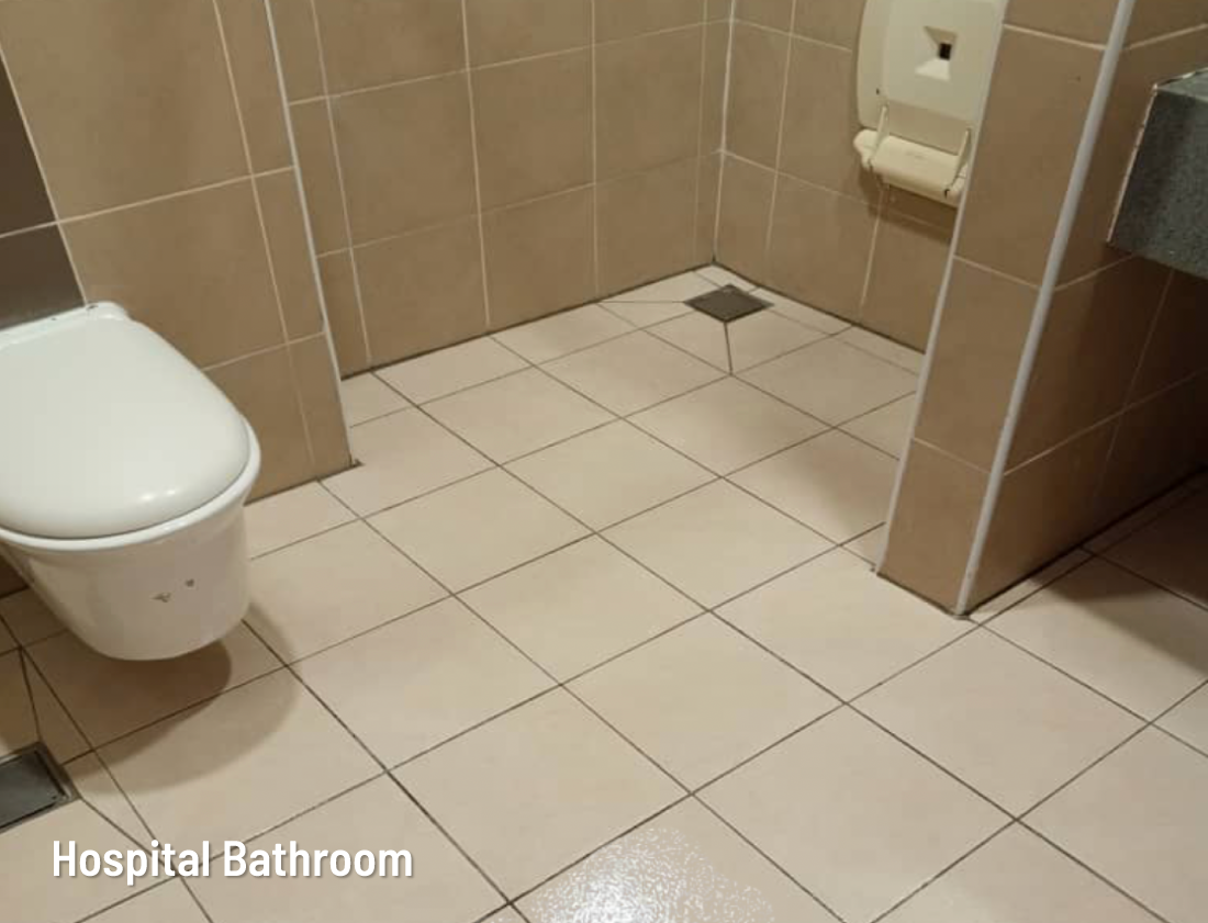 Advanced hospital-grade nanotechnology anti slip floor coating applied in hospital bathroom for maximum protection.