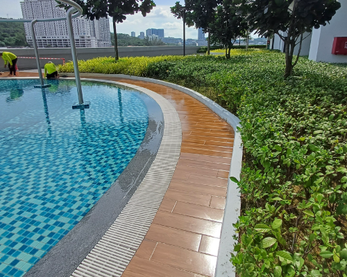 Nanotechnology Anti-Slip Floor Coating applied to OSK Property Swimming Pool Walkway & BBQ Area to prevent slips.