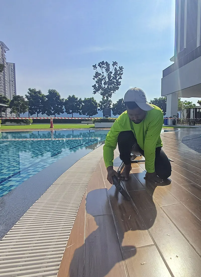 OSK Property Swimming Pool Walkway Anti-Slip Project applies our Nanotechnology anti-slip coating solution to reduce potential dangers of wet and slippery surfaces.