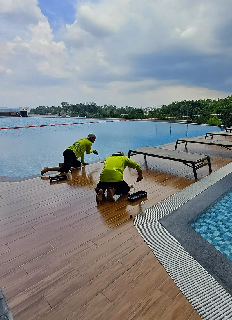 OSK Property Swimming Pool Walkway Anti-Slip Project applies our Nanotechnology anti-slip coating solution to reduce potential dangers of wet and slippery surfaces.