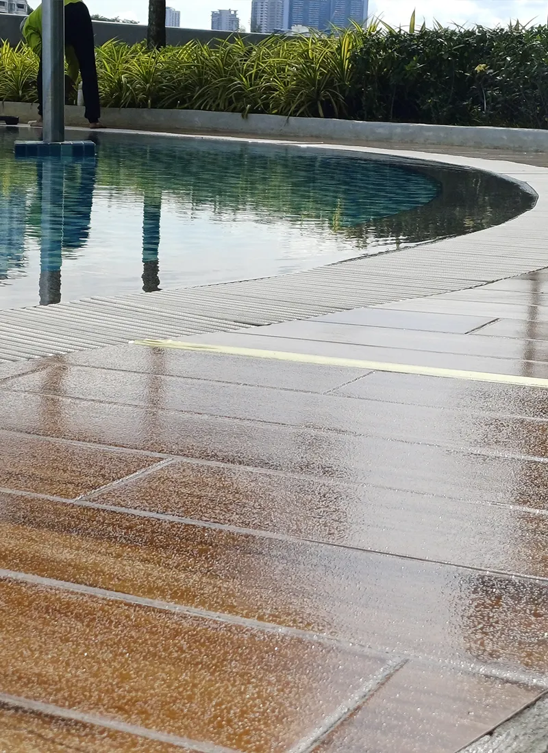 OSK Property Swimming Pool Walkway Anti-Slip Project applies our Nanotechnology anti-slip coating solution to reduce potential dangers of wet and slippery surfaces.