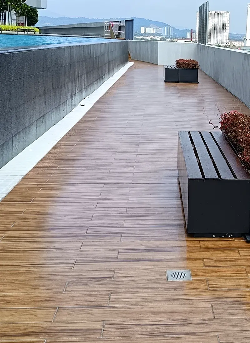 OSK Property Swimming Pool Walkway Anti-Slip Project applies our Nanotechnology anti-slip coating solution to reduce potential dangers of wet and slippery surfaces.