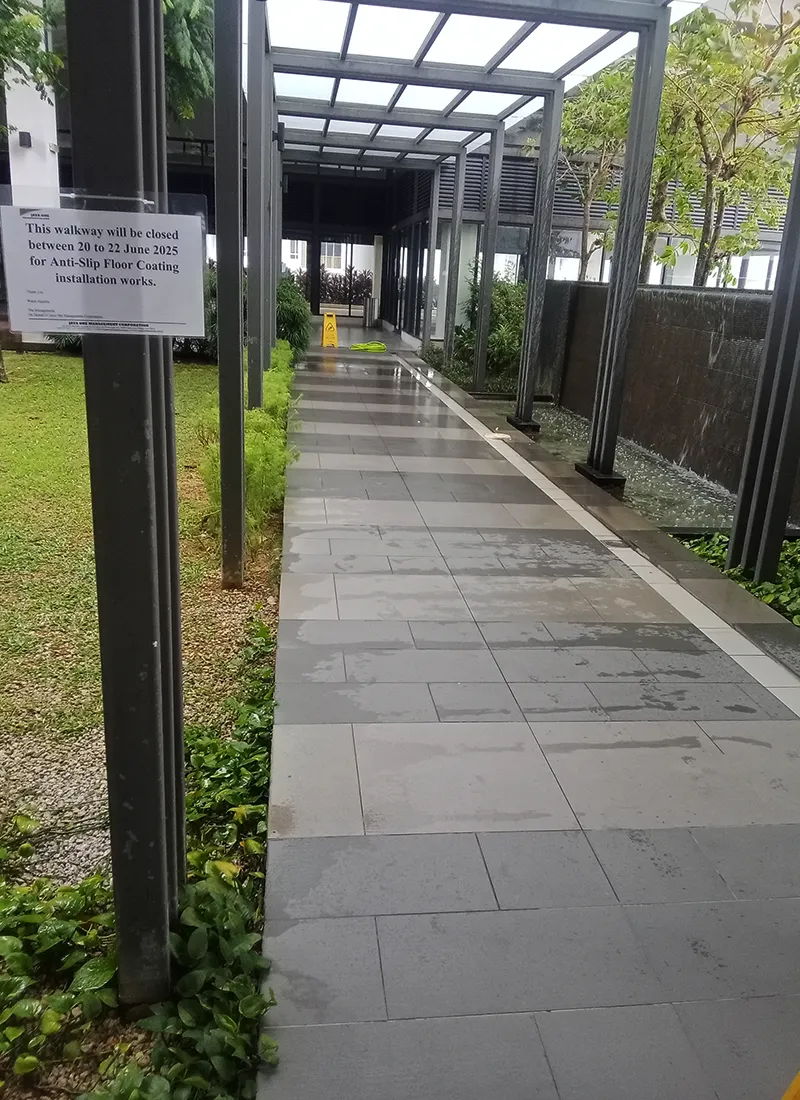 Our Nano-G Nanotechnology Anti-Slip Coating applied in Sheltered Walkway Anti-Slip Project for Jaya One to reduce slippery, hazardous tiles from heavy rain.