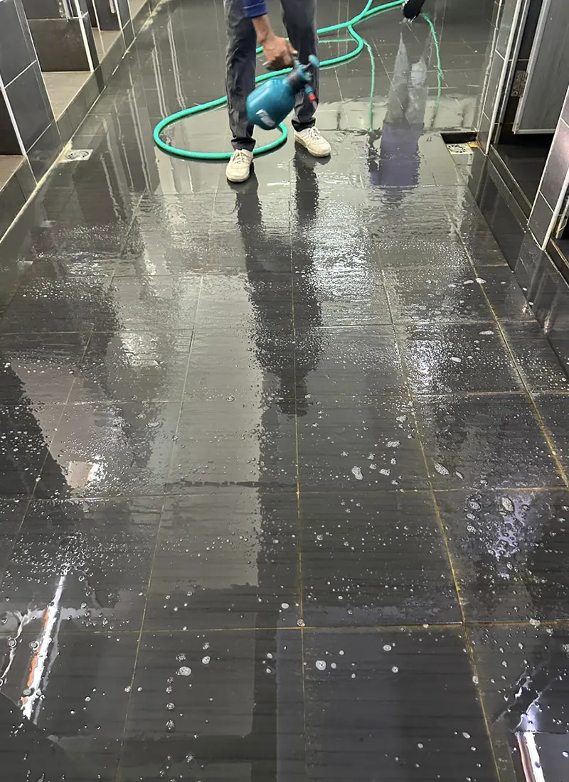 Bathroom Waterproofing Project for Han Chiang Associated School applying waterproofing solution to fix seepage, stains, and surface deterioration from water and chemicals.