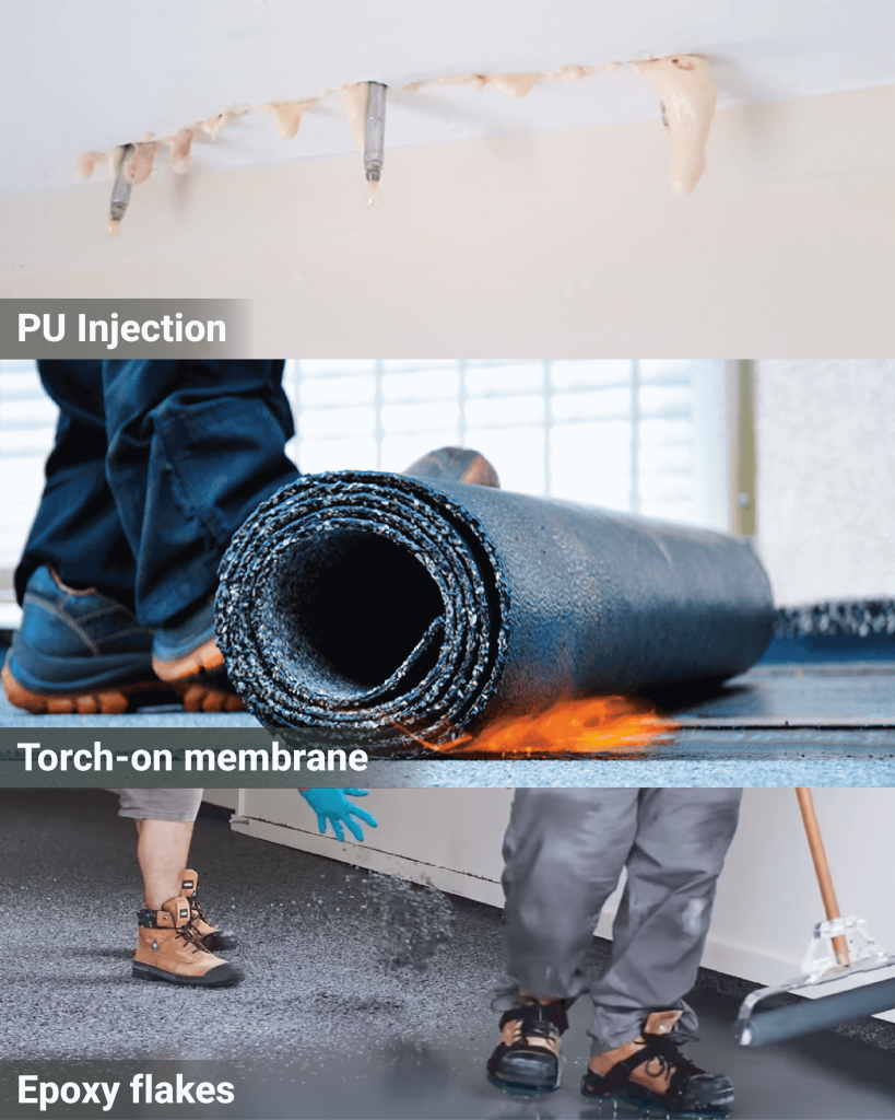 Three common types of waterproofing methods in the industry - PU Injection, Torch-on membrane, and epoxy flakes.